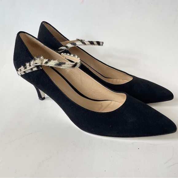 Ron White Black Suede Pointy Toe Kitten Heel Calf Hair Ankle Strap Pump 39 9 - Picture 1 of 9